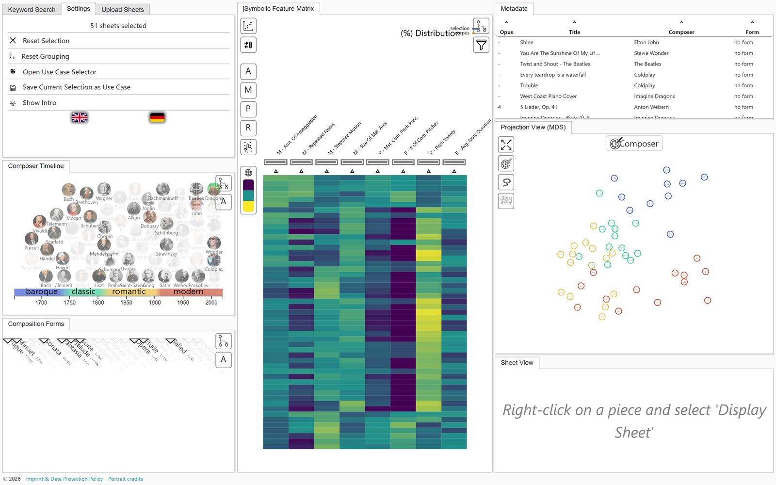 The CorpusVis workspace with the use case “Epoch Comparison”: composer timeline and composition forms on the left, the jSymbolic feature matrix of 51 pieces in the middle, metadata and the MDS projection on the right