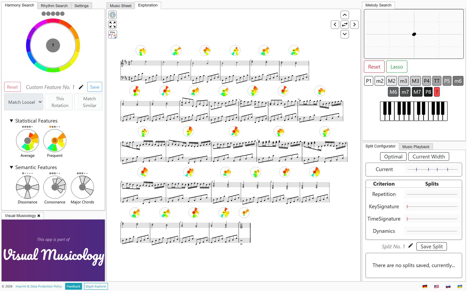 The MusicVis workspace with “Canon D”: harmony search with the circle-of-fifths colour wheel on the left, the score with a harmonic fingerprint above every measure in the middle, melody search and the split configurator on the right