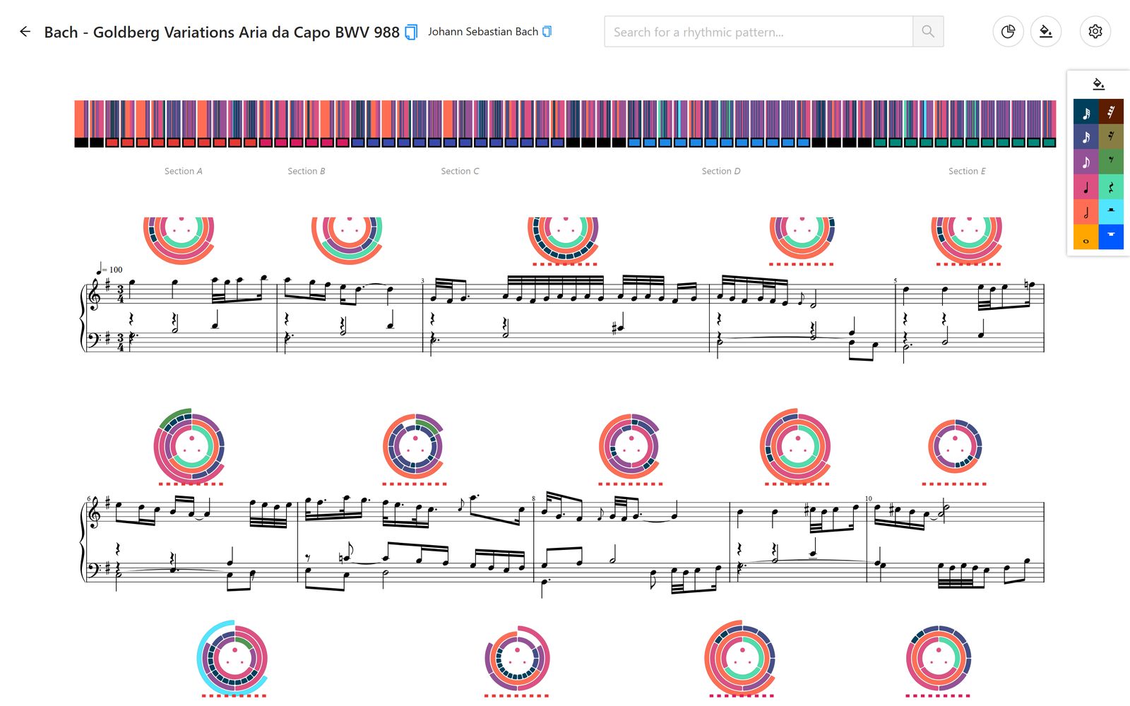 RhythmVis with the Aria of Bach's Goldberg Variations, BWV 988: the rhythm band with sections A to E above the score, and a rhythmic fingerprint above every measure